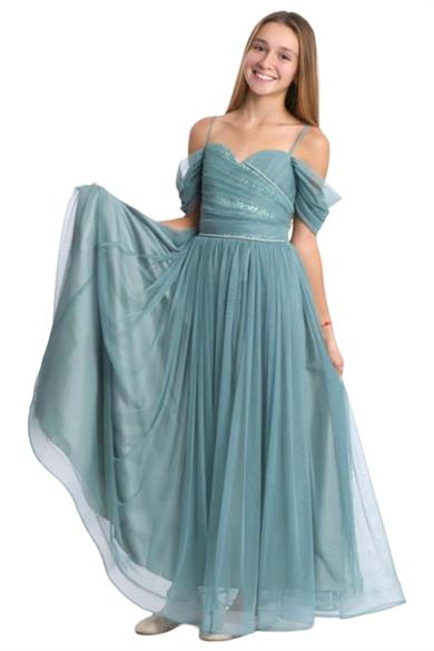 Mojo Kız Çocuk Kalp Yaka Taş Desen Şifon Abiye Elbise 5739 Yeşil