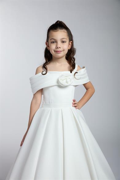 Mojo Kız Çocuk Kayık Yaka Gül Detaylı Tarlatanlı Abiye Elbise Krem