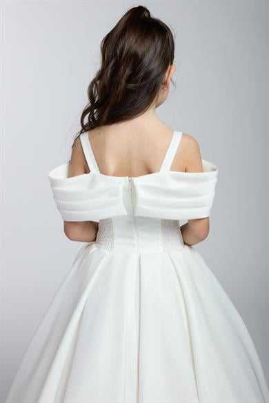 Mojo Kız Çocuk Kayık Yaka Gül Detaylı Tarlatanlı Abiye Elbise Krem