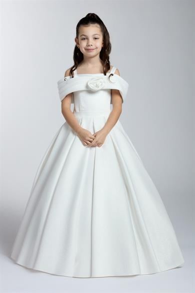 Mojo Kız Çocuk Kayık Yaka Gül Detaylı Tarlatanlı Abiye Elbise Krem