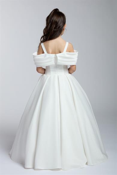 Mojo Kız Çocuk Kayık Yaka Gül Detaylı Tarlatanlı Abiye Elbise Krem