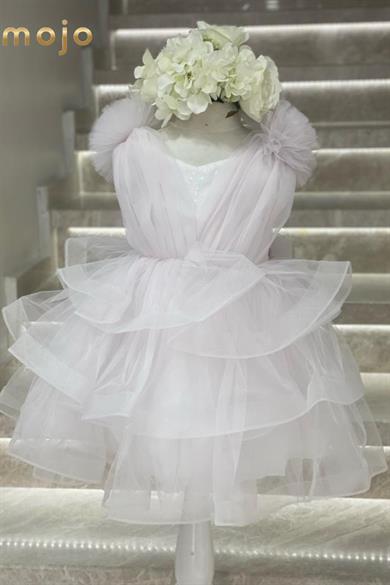 Mojo Kız Çocuk Omuz Detaylı Kısa Abiye Elbise 2526 Pudra