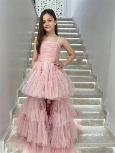 Mojo Kız Çocuk Önü Kısa Arkası Uzun Tütü Abiye Elbise 5509 Pudra