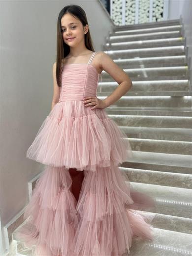 Mojo Kız Çocuk Önü Kısa Arkası Uzun Tütü Abiye Elbise 5509 Pudra