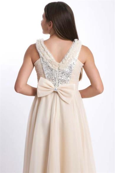 Mojo Kız Çocuk Pullu Taş Aksesuarlı Şifon Abiye Elbise 5725 Bej