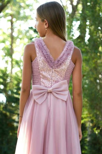 Mojo Kız Çocuk Pullu Taş Aksesuarlı Şifon Abiye Elbise 5725 Gülkurusu