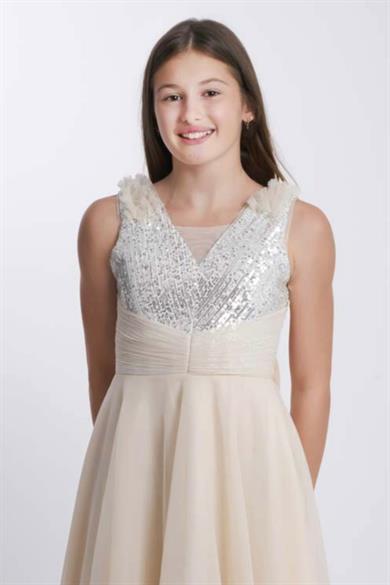 Mojo Kız Çocuk Pullu Taş Aksesuarlı Şifon Abiye Elbise 5725 Bej