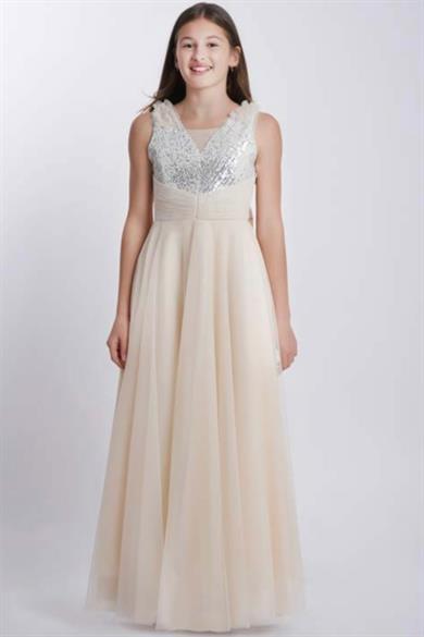 Mojo Kız Çocuk Pullu Taş Aksesuarlı Şifon Abiye Elbise 5725 Bej