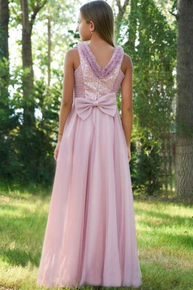 Mojo Kız Çocuk Pullu Taş Aksesuarlı Şifon Abiye Elbise 5725 Gülkurusu