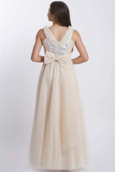 Mojo Kız Çocuk Pullu Taş Aksesuarlı Şifon Abiye Elbise 5725 Bej