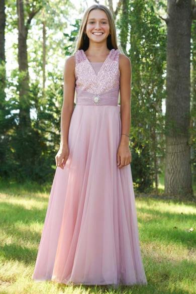 Mojo Kız Çocuk Pullu Taş Aksesuarlı Şifon Abiye Elbise 5725 Gülkurusu