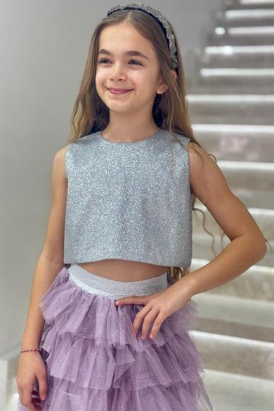 Mojo Kız Çocuk Simli Büstiyer & Etek Takım Abiye 5453 Lila