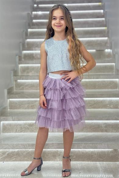 Mojo Kız Çocuk Simli Büstiyer & Etek Takım Abiye 5453 Lila