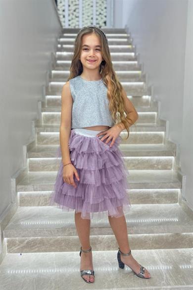 Mojo Kız Çocuk Simli Büstiyer & Etek Takım Abiye 5453 Lila
