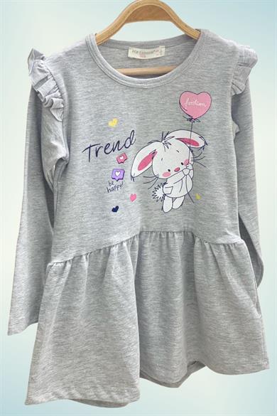 Mojo Kız Çocuk Tavşan Baskılı Uzun Kollıu Elbise 6767 Gri