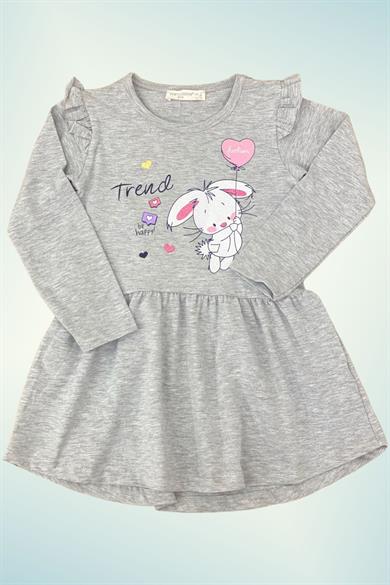 Mojo Kız Çocuk Tavşan Baskılı Uzun Kollıu Elbise 6767 Gri