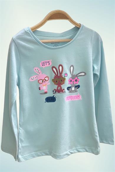 Mojo Kız Çocuk Tavşan Desen Uzun Kol T-shirt 523003 Turkuaz
