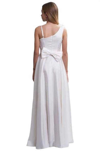 Mojo Kız Çocuk Tek Omuz Çiçekli Saten Abiye Elbise 5714 Krem