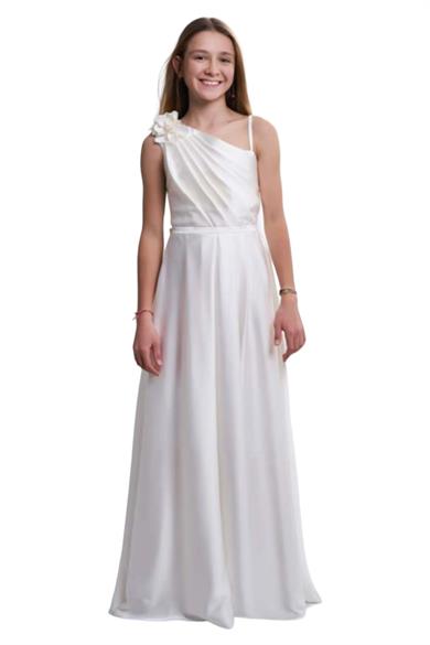 Mojo Kız Çocuk Tek Omuz Çiçekli Saten Abiye Elbise 5714 Krem