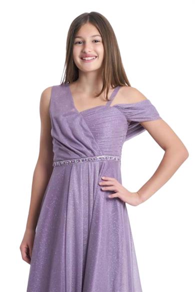Mojo Kız Çocuk Tek Omuz Taşlı Simli Abiye Elbise 5737 Lavanta