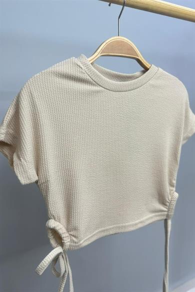 Mojo Kız Çocuk Yandan Büzgülü Kısa Kollu Crop 3706 Taş Rengi