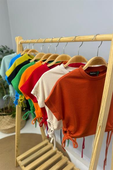 Mojo Kız Çocuk Yandan Büzgülü Kısa Kollu Crop 3706 Kiremit