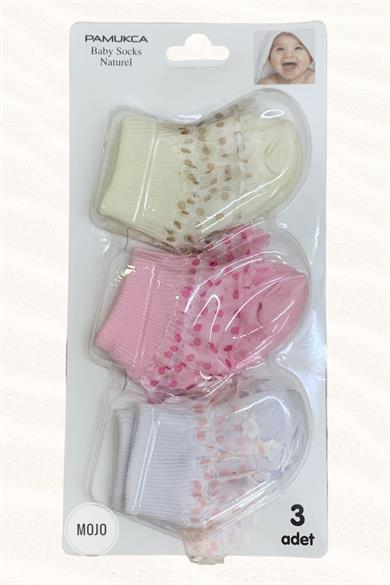 Mojo Unisex Bebek Yenidoğan 3lü Çorap 4511 Beyaz-Pembe