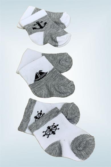 Mojo Unisex Bebek Yenidoğan 3lü Çorap 4511 Gri-Beyaz