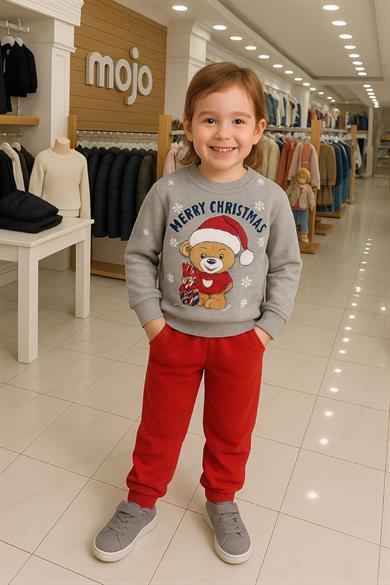Mojo Unisex Çocuk 1-3 Yaş Noel Baba Desenli Eşofman Takımı Gri