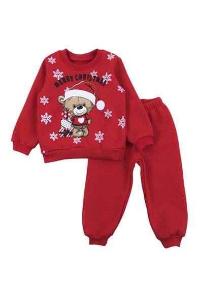 Mojo Unisex Çocuk 1-3 Yaş Noel Baba Desenli Eşofman Takımı Kırmızı