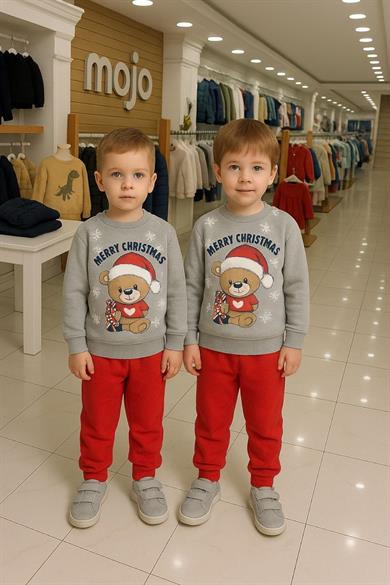 Mojo Unisex Çocuk 1-3 Yaş Noel Baba Desenli Eşofman Takımı Gri