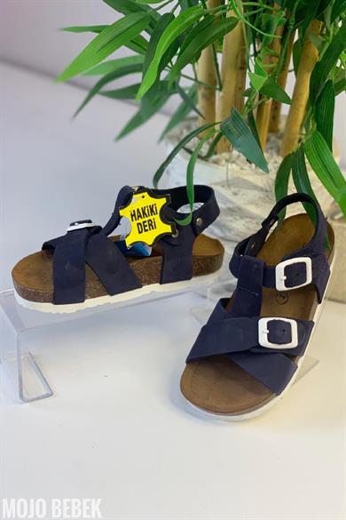 Mojo Unisex Çocuk Anotomik Mantar Taban Hakiki Deri Sandalet Lacivert