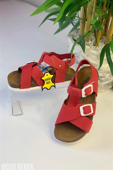 Mojo Unisex Çocuk Anotomik Mantar Taban Hakiki Deri Sandalet Kırmızı