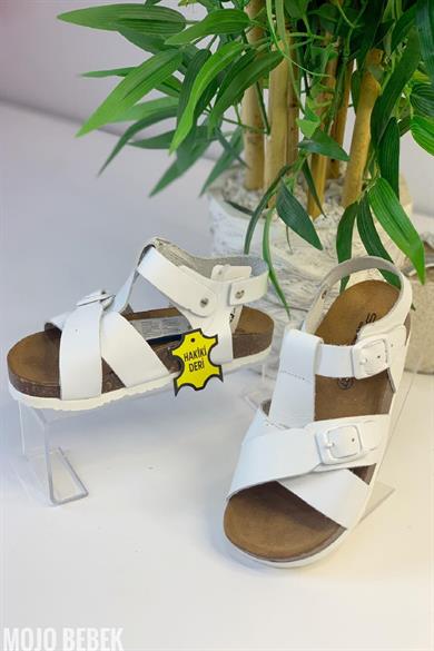 Mojo Unisex Çocuk Anotomik Mantar Taban Hakiki Deri Sandalet Beyaz