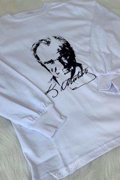 Mojo Unisex Çocuk Atatürk Baskılı Kol Manşetli T-shirt 290401 Beyaz