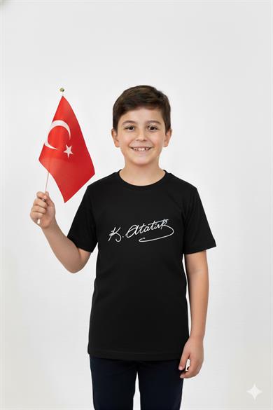 Mojo Unisex Garson Çocuk Atatürk İmza Baskılı Kısa Kol T-shirt 9944 Siyah