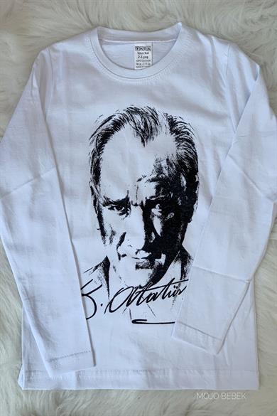 Mojo Unisex S, M, L, XL Atatürk Baskılı Uzun Kol T-shirt 021120 Beyaz