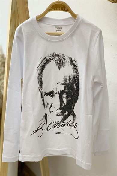 Mojo Unisex S, M, L, XL Atatürk Baskılı Uzun Kol T-shirt 021120 Beyaz
