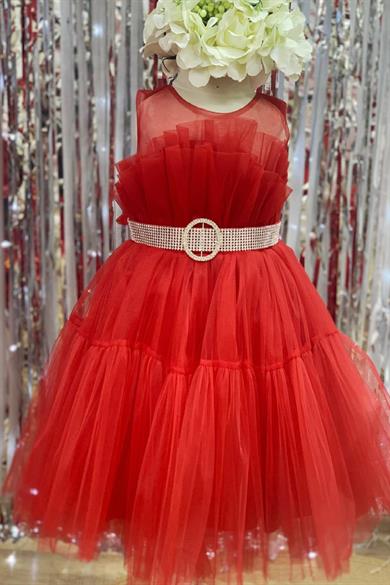 Monita Kız Çocuk Kemerli Kısa Abiye Elbise 2220 Kırmızı