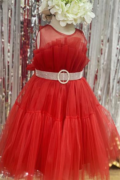 Monita Kız Çocuk Kemerli Kısa Abiye Elbise 2220 Kırmızı