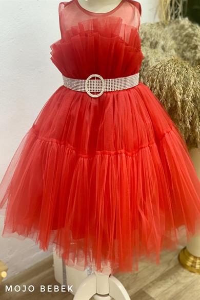 Monita Kız Çocuk Kemerli Kısa Abiye Elbise 2220 Kırmızı