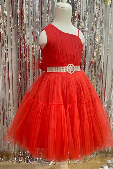 Monita Kız Çocuk Tek Omuz Kısa Abiye Elbise 2250 Kırmızı