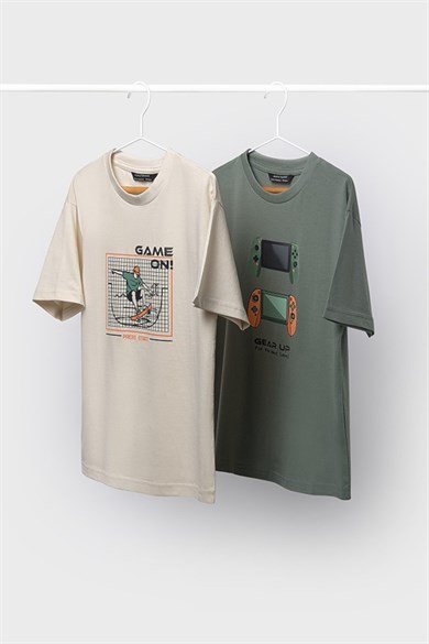 Myoral Erkek Çocuk 8-18 Yaş Desenli 2li Kısa Kol T-Shirt Seti Haki