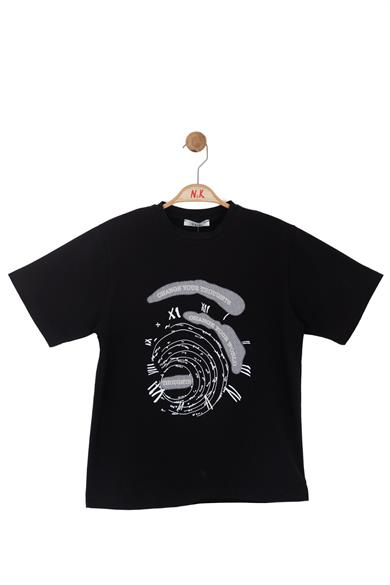 Nk Kids Erkek Çocuk 8-14 Yaş Labirent Desenli Kısa Kol T-Shirt Siyah