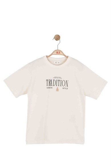 Nk Kids Erkek Çocuk 8-14 Yaş Sırt Baskılı Kısa Kol T-shirt Krem