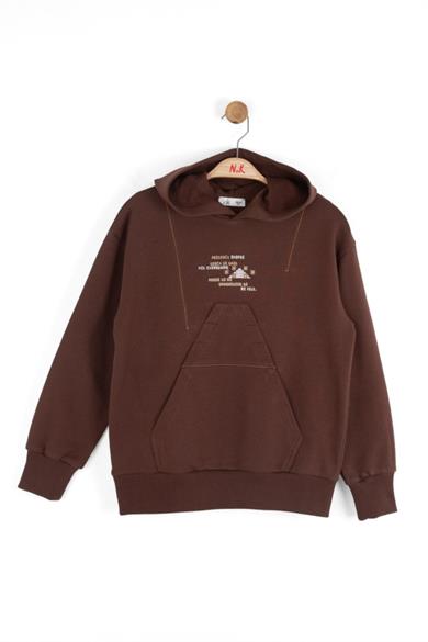 Nk Kids Erkek Çocuk 8-14 Yaş Sırt Baskılı Kapüşonlu Sweatshirt Kahverengi