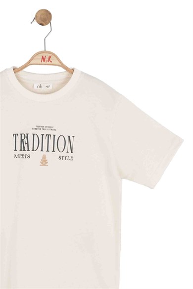Nk Kids Erkek Çocuk 8-14 Yaş Sırt Baskılı Kısa Kol T-shirt Krem
