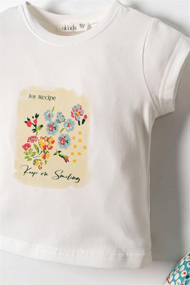 Nk Kids Kız Bebek 1-4 Yaş Çiçek Baskılı Kısa Kol T-shirt Ekru
