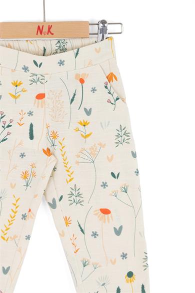 Nk Kids Kız Bebek 1-4 Yaş Çiçek Desenli Keten Pantolon Krem