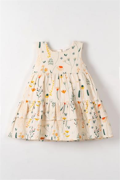Nk Kids Kız Bebek 1-4 Yaş Çiçek Desenli  Fırfırlı Keten Elbise Krem